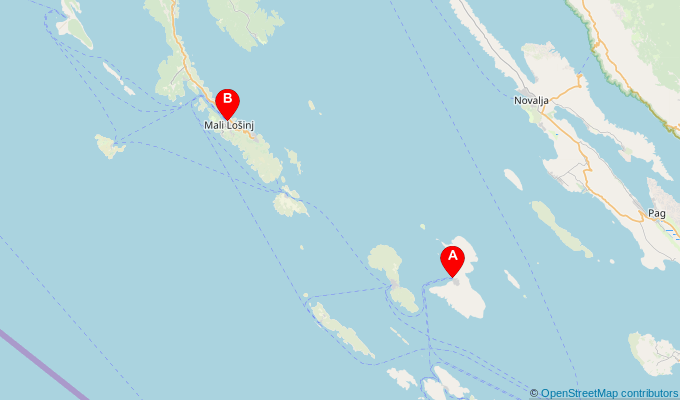 Map of ferry route between Olib and Mali Losinj